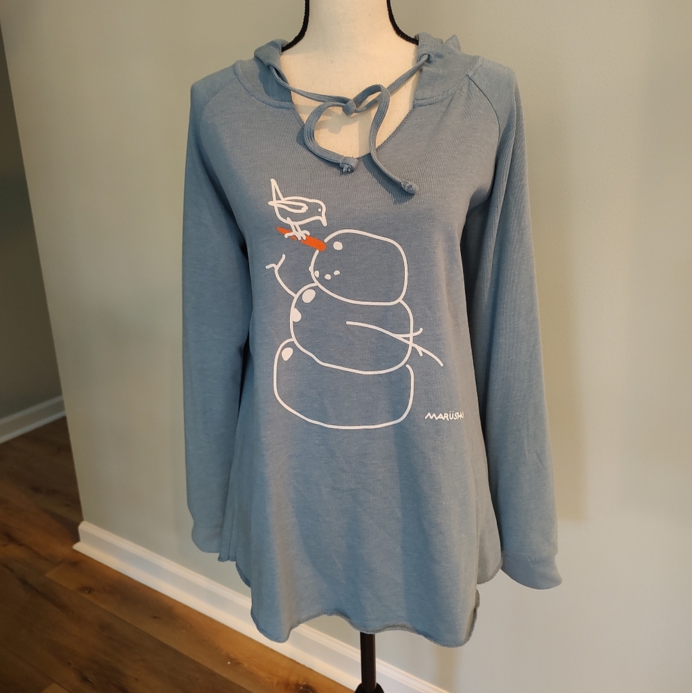 Marushka Snowman Bird Light Blue Cozy Hoodie Hand Printed USA Whimsy M